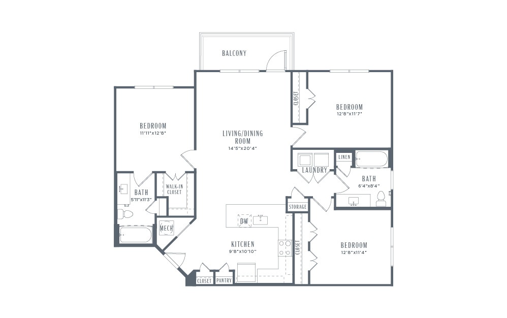 C1 - 3 bedroom floorplan layout with 2 baths and 1320 square feet. (2D)