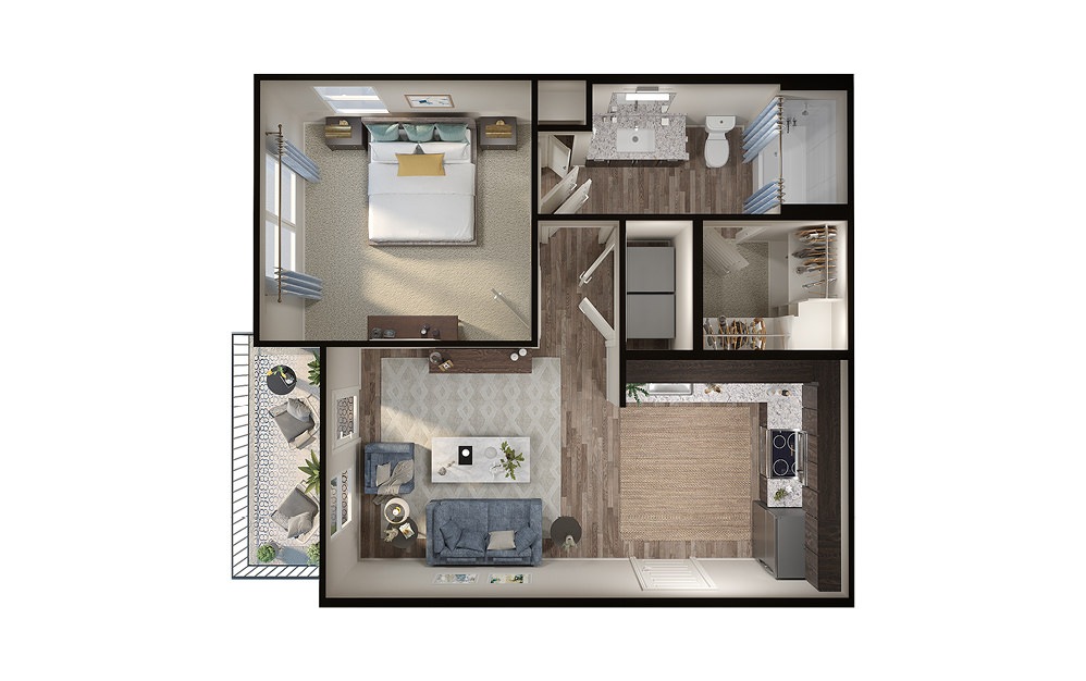 A1p - 1 bedroom floorplan layout with 1 bath and 613 square feet. (3D)