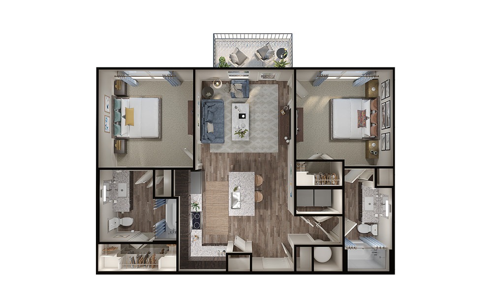 B1 - 2 bedroom floorplan layout with 2 baths and 950 square feet. (3D)