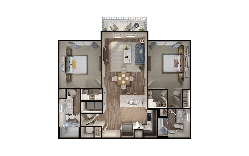 B2 - 2 bedroom floorplan layout with 2 baths and 1051 square feet. (3D)