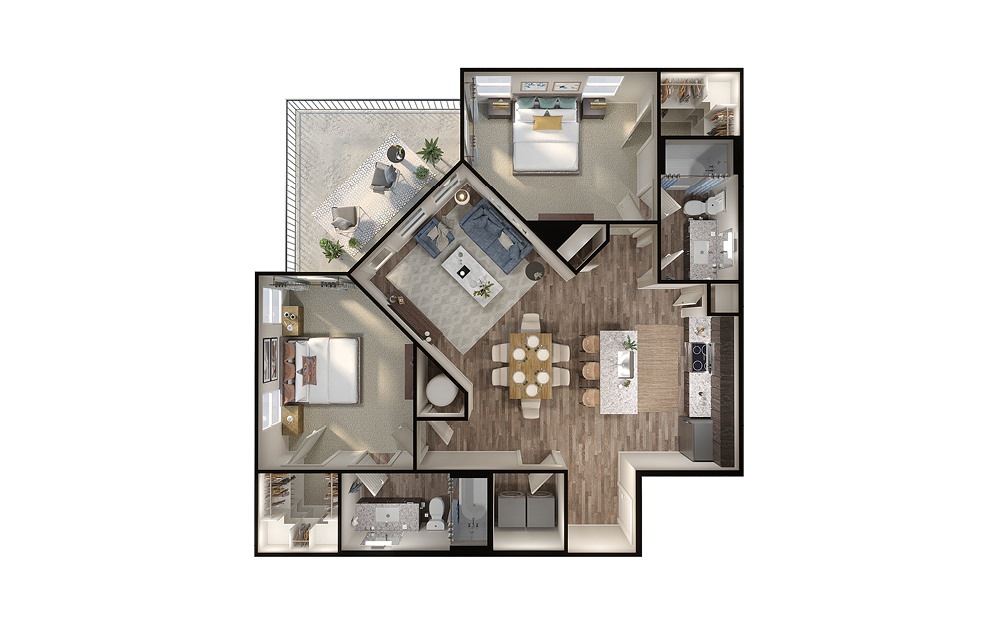 B4 - 2 bedroom floorplan layout with 2 baths and 1117 square feet. (3D)