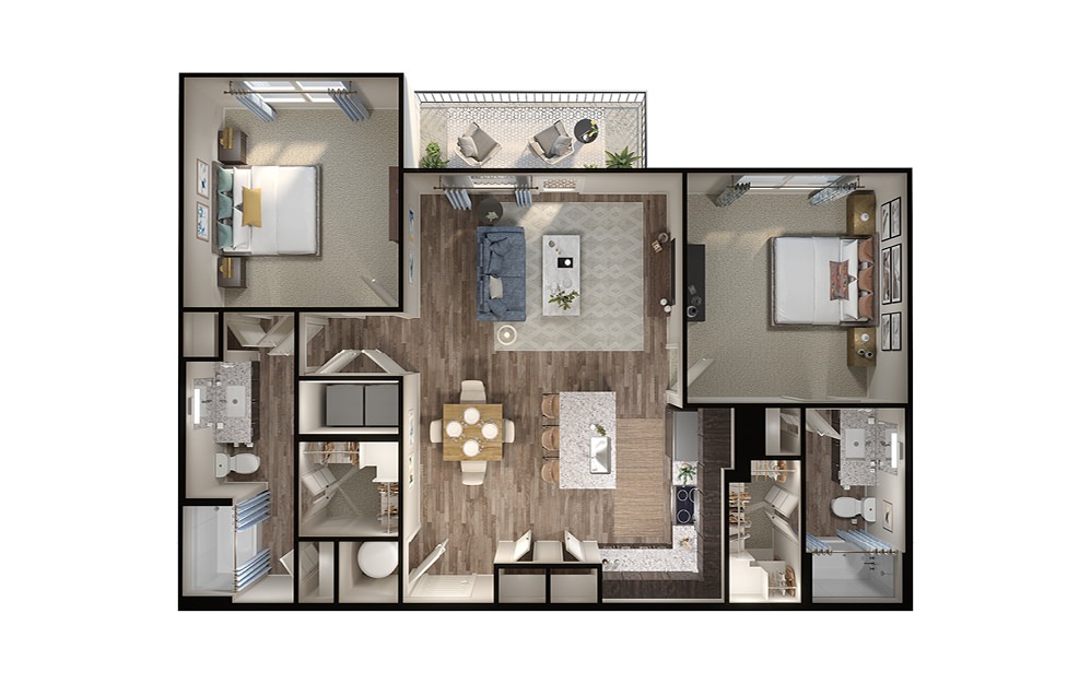 B3 - 2 bedroom floorplan layout with 2 baths and 1131 square feet. (3D)