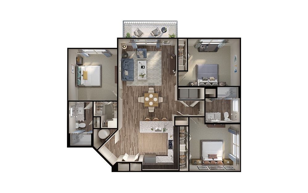 C1 - 3 bedroom floorplan layout with 2 baths and 1320 square feet. (3D)