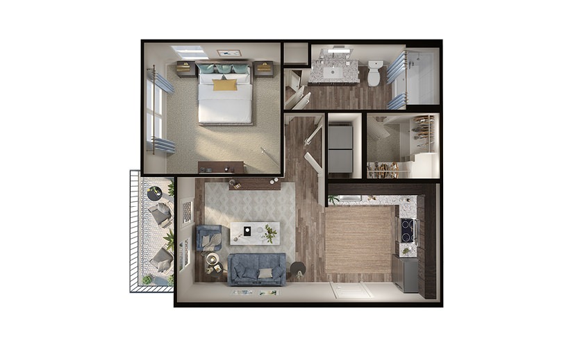 A1p - 1 bedroom floorplan layout with 1 bathroom and 613 square feet