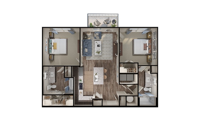 B1 - 2 bedroom floorplan layout with 2 bathrooms and 950 square feet