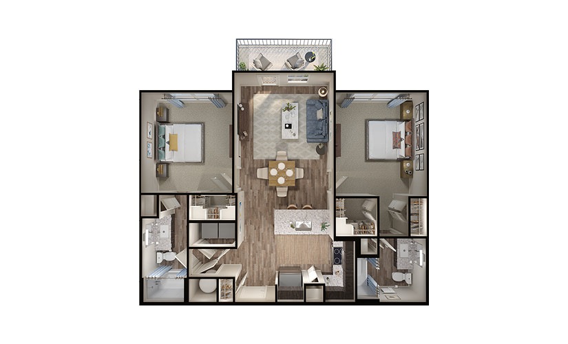B2 - 2 bedroom floorplan layout with 2 bathrooms and 1051 square feet